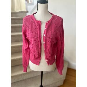 Vintage Lilly Pulitzer White Label Hot Pink Crochet Knit Button Front Cardigan